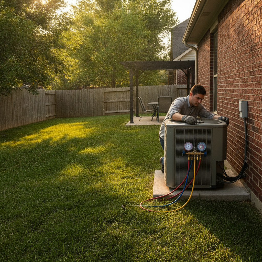 Technician using a manifold gauge set on a central AC condenser during commissioning in a GTA backyard