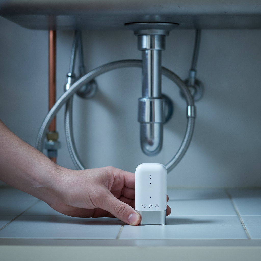 Close-up placing a smart water leak sensor under a sink to reduce Ontario renter insurance risk
