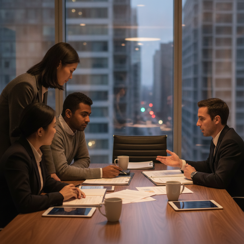 Entrepreneurs in Etobicoke reviewing incorporation documents and shareholder agreements with a Toronto business lawyer