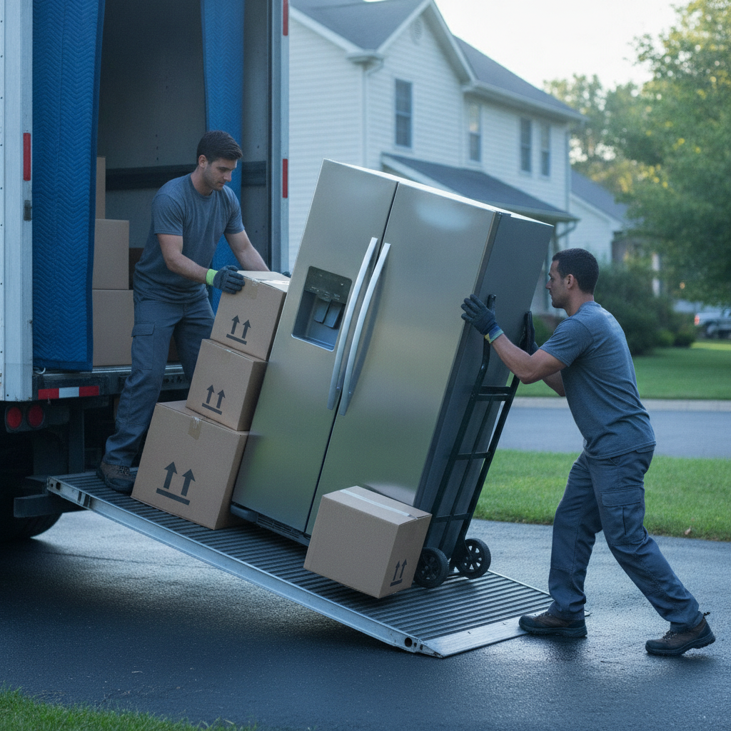 Ottawa moving crew loading a refrigerator and boxes using a hand truck, ramp, door guards, and floor protection