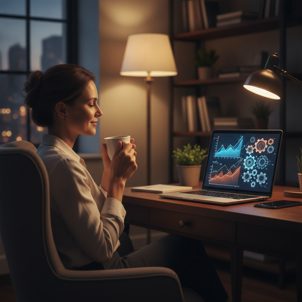 Business owner relaxing while AI SEO workflows run automatically on a laptop for content marketing and search engine optimization