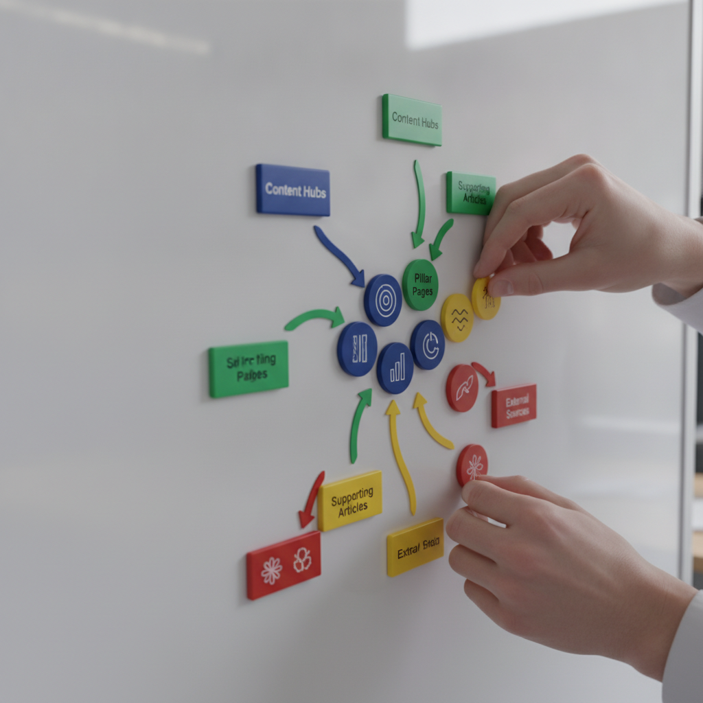 Close-up of internal linking and topic clusters structure for content marketing and search engine optimization