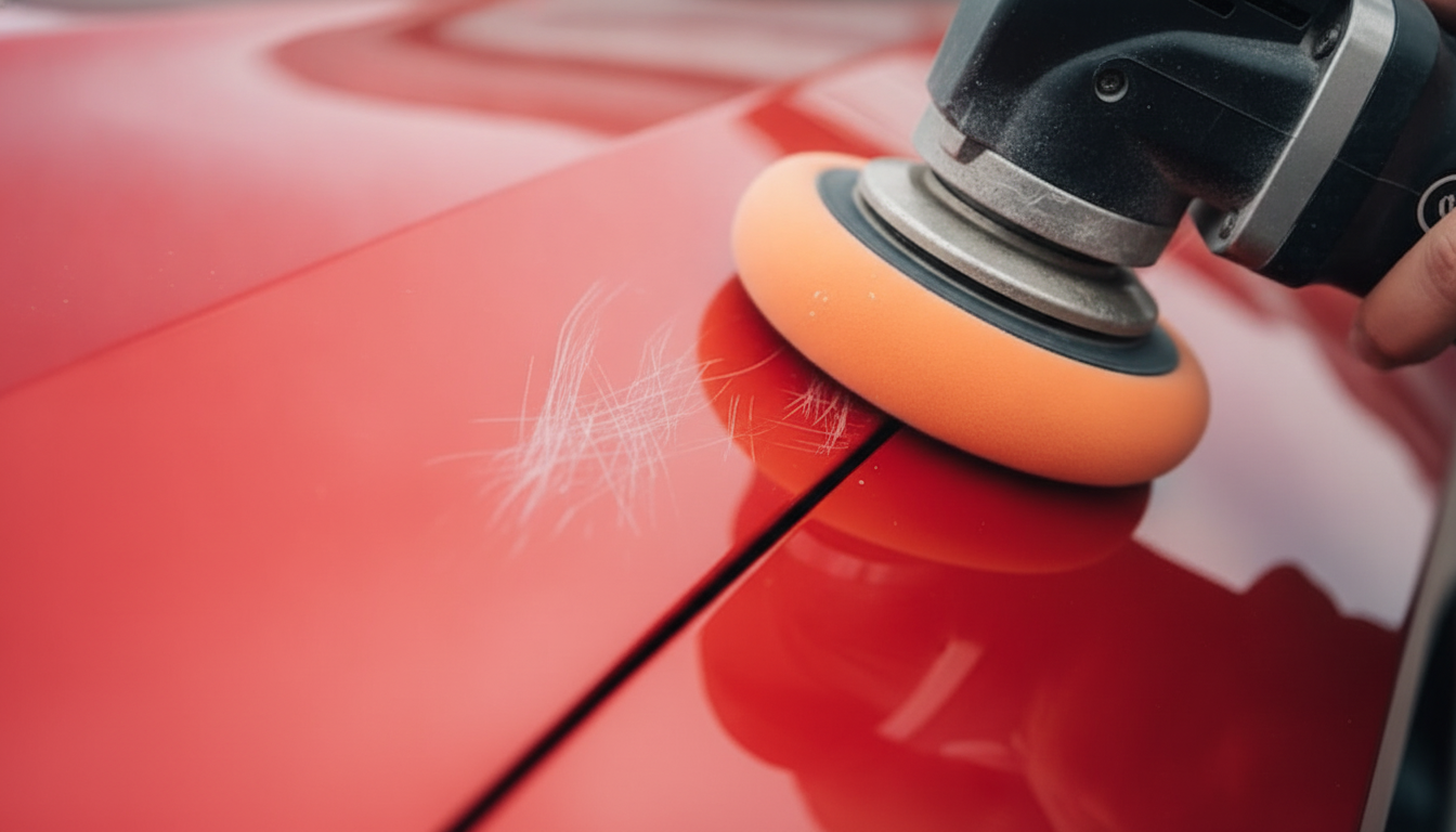 Close-up of a DA polisher refining micro-scratches during fine scratch removal options for cars