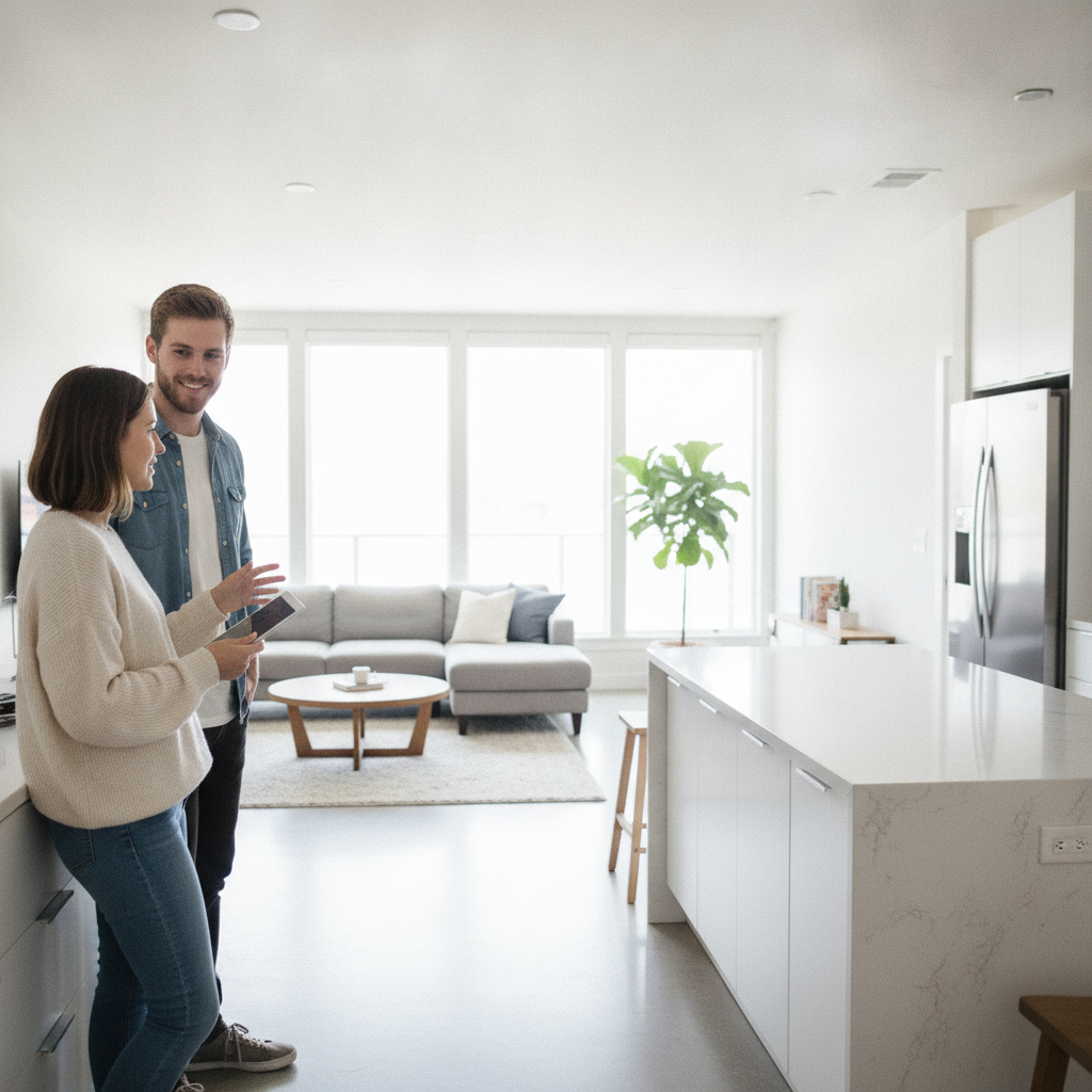 Renters touring a bright open-concept apartment before signing a Houseup contract