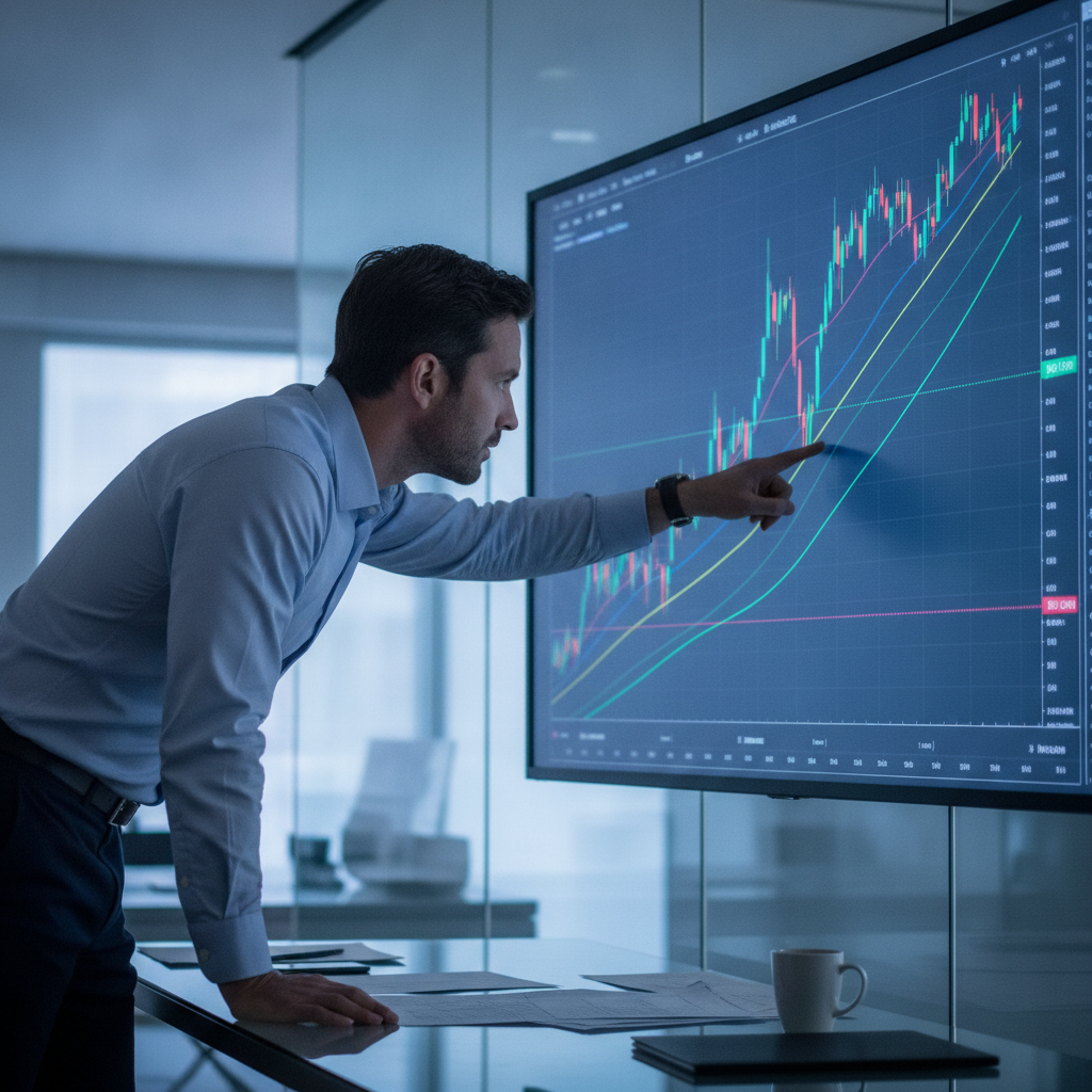 Trader reviewing a confirmed chart pattern breakout on a large screen with trendlines and momentum context
