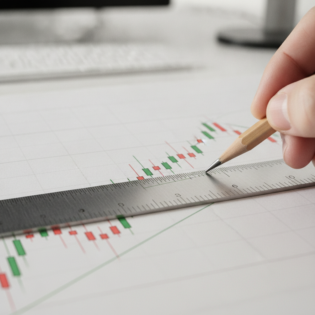 Close-up of drawing support and resistance on a candlestick chart for trading chart patterns with clear entries and stops