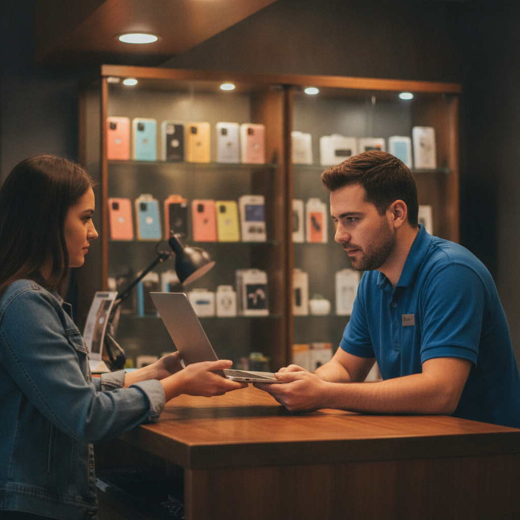 Customer handing a laptop to a TechBrotherz technician at the Southview Calgary counter