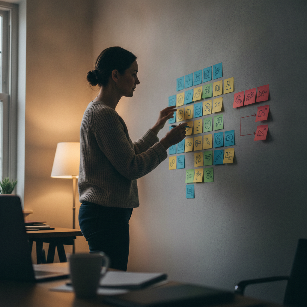 Professional reviewing CCBA exam scenarios and process flows in a focused home office