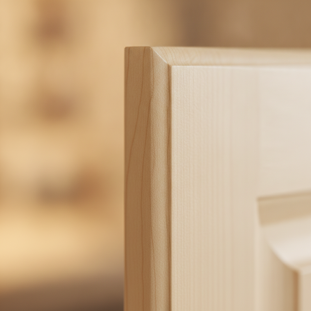 Close-up satin sprayed cabinet corner on maple door showing smooth film and subtle sheen in a Toronto kitchen