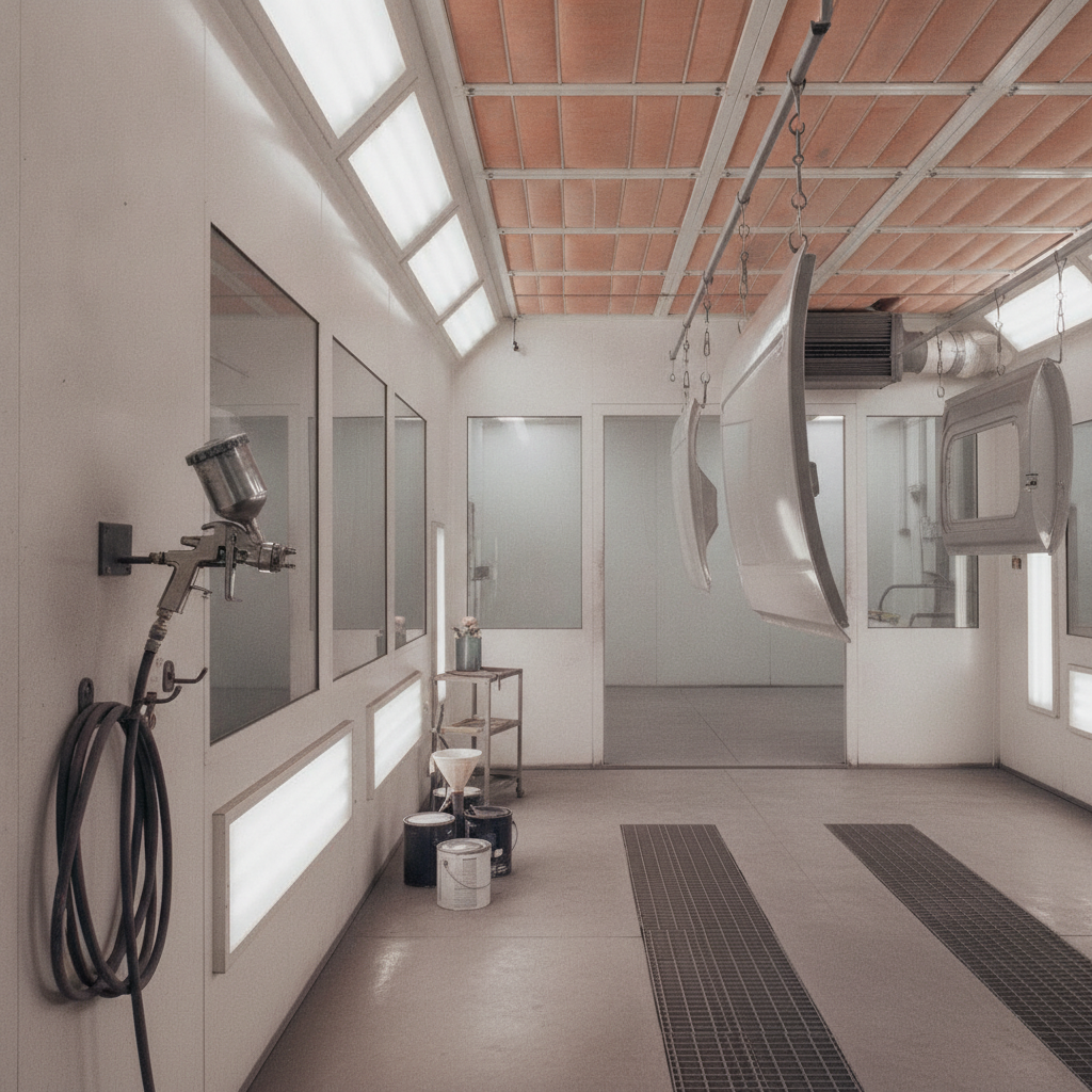 Professional spray booth with cabinet doors curing under warm lights, semi-gloss reflecting evenly