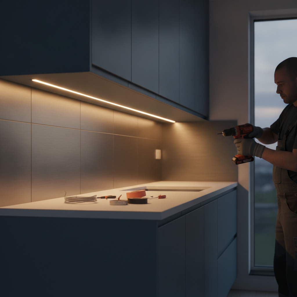 Under-cabinet LED lighting being installed during a modern kitchen remodel in Edmonton