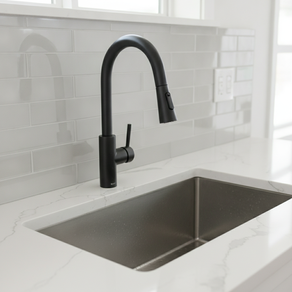 Close-up detail of a modern kitchen sink during a modern kitchen remodel with matte black faucet and white quartz countertop
