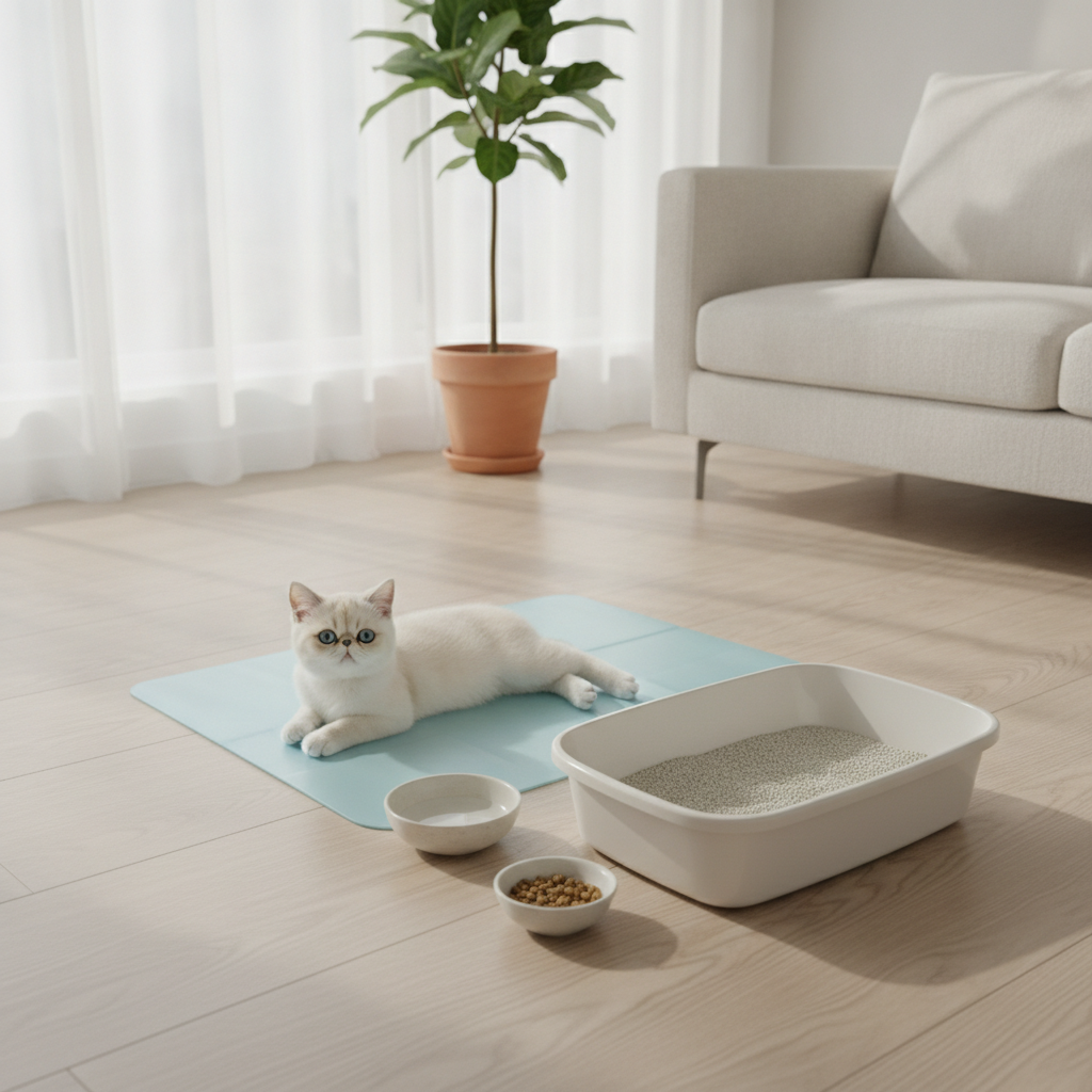 Exotic shorthair kitten relaxing on a cooling mat beside low-sided litter box and shallow bowls in a bright Dhaka apartment