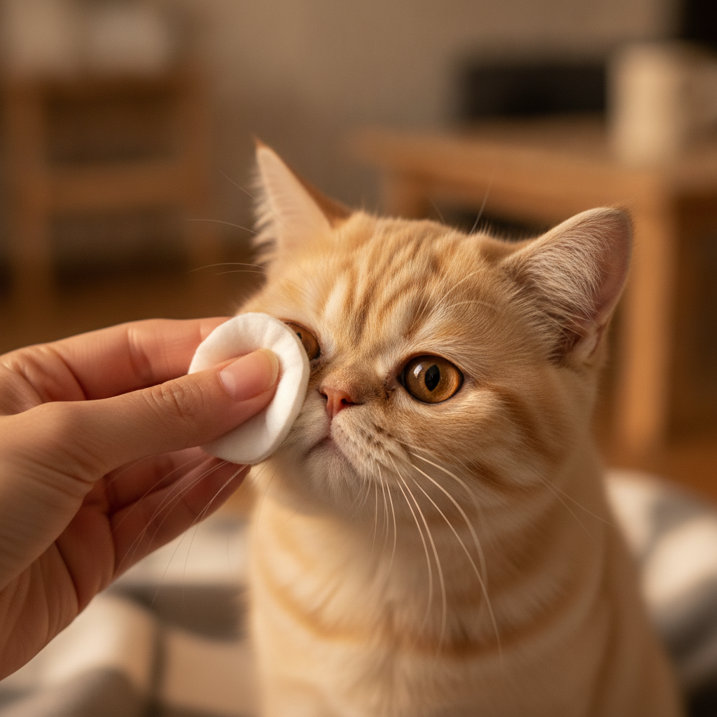 Proper exotic shorthair face wipe: cotton pad moving outward from inner eye corner in a calm 60-second session