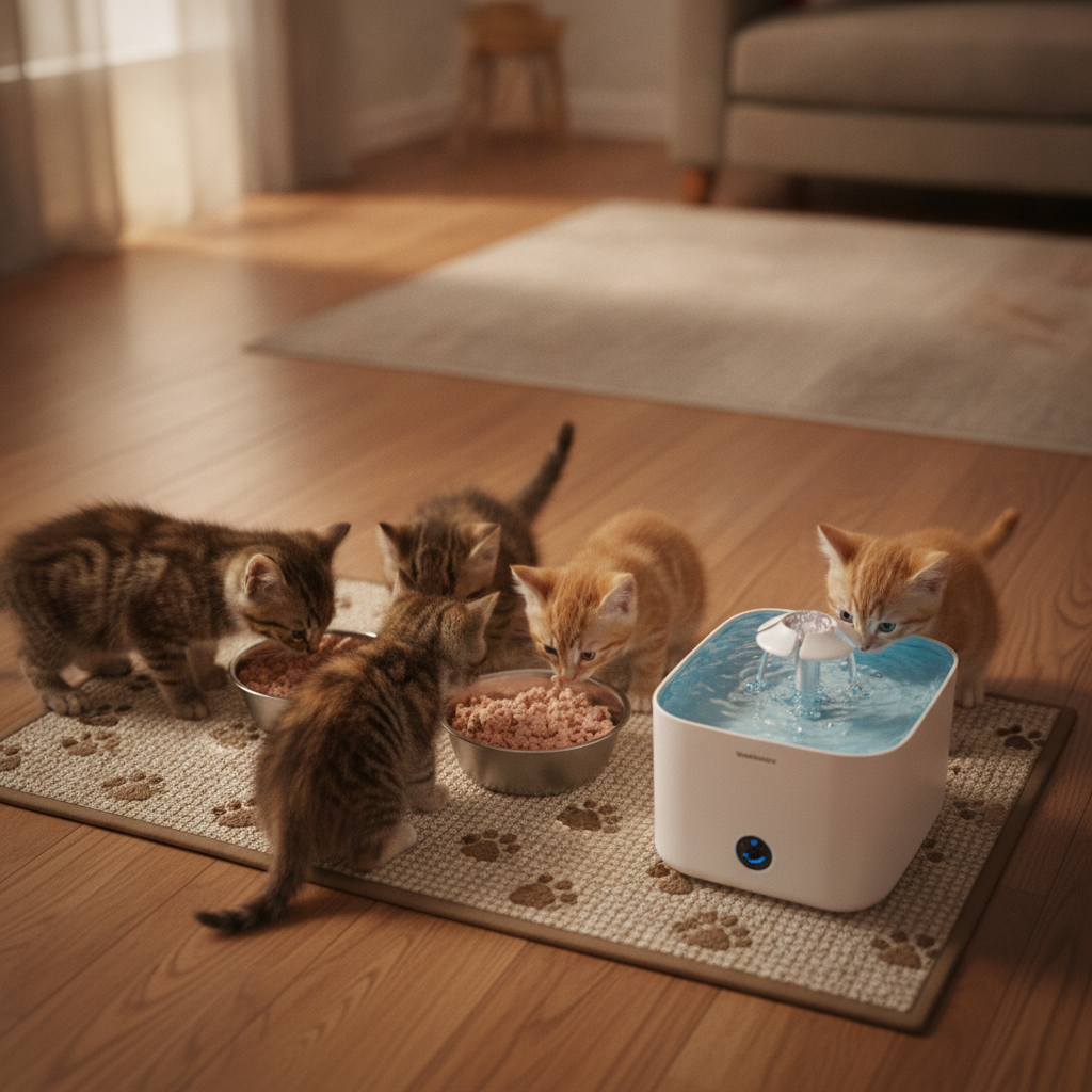 Exotic shorthair feeding station with shallow bowls, USB fountain, and non-slip mat for Dhaka homes
