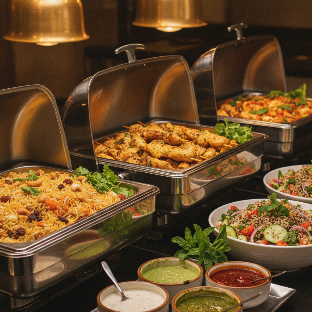 Halal-friendly multicultural corporate buffet with biryani, grilled skewers, colorful salads, and chutneys at Mississauga Convention Centre