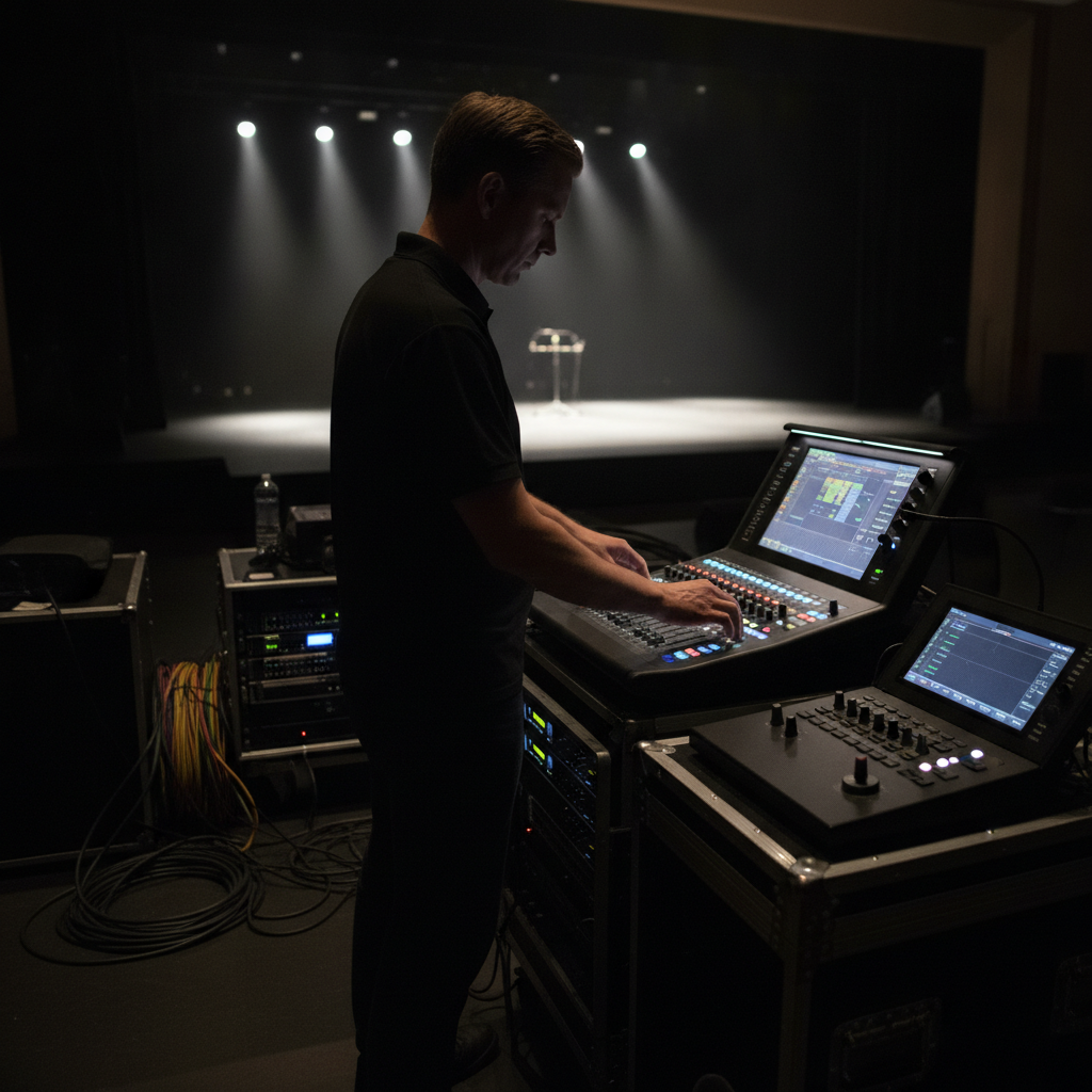 AV technician adjusting a digital mixing console and stage lighting during a keynote rehearsal at Mississauga Convention Centre