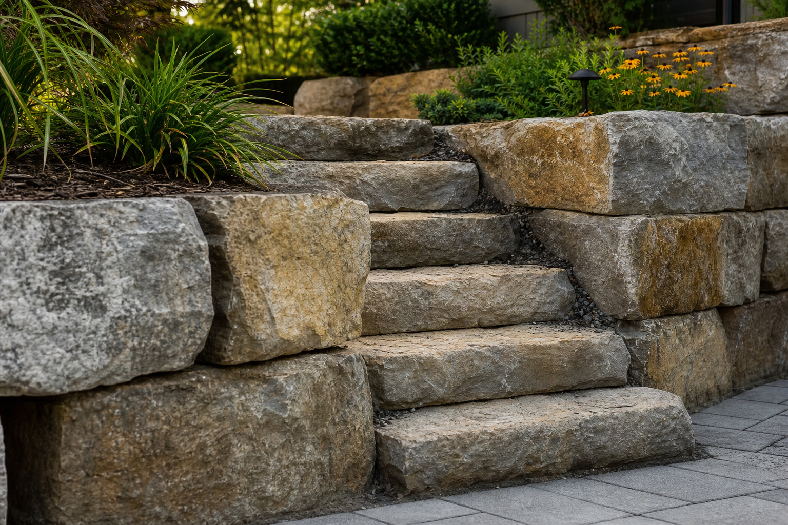 3. Armour stone steps as connecting links between retaining wall tiers — armour stone steps ideas