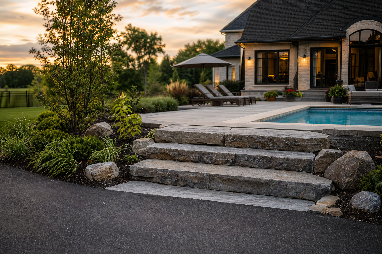 6. Low profile armour stone steps for patios, pool surrounds, and drive edges — armour stone steps ideas