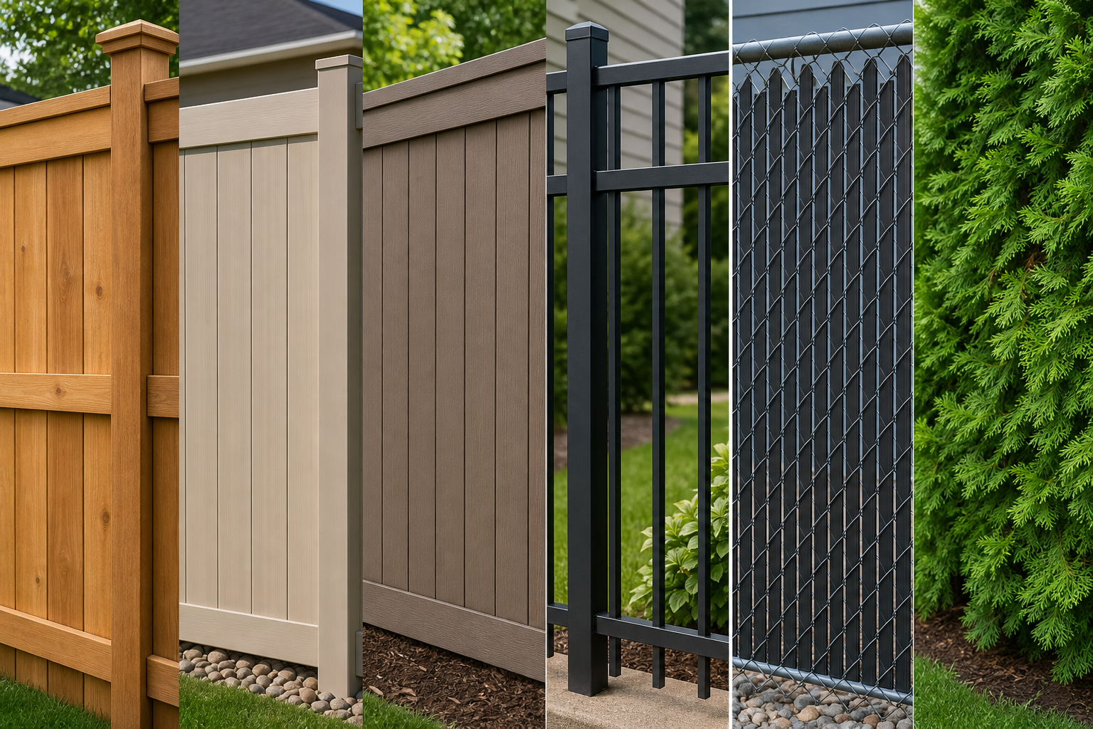Material comparisons: wood, vinyl, composite, metal, chain link with slats, and living screens — privacy fence materials comparison