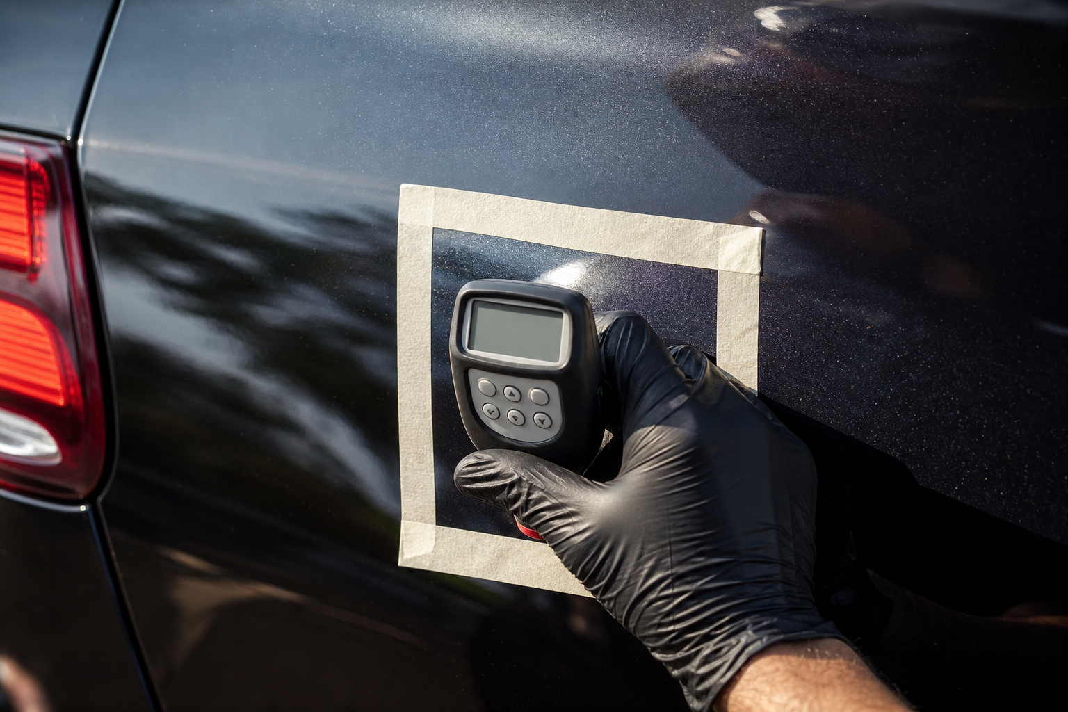 Step 2: Perform a safe test patch and check clear coat thickness — paint correction swirl marks