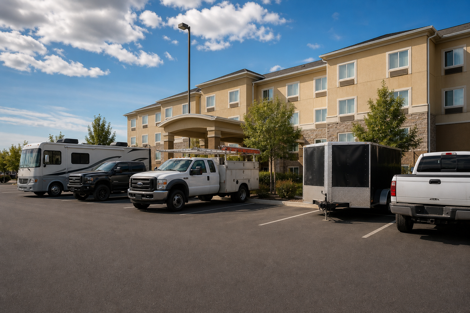 What to know about larger vehicles, work trucks and trailers — hotel parking for long stays