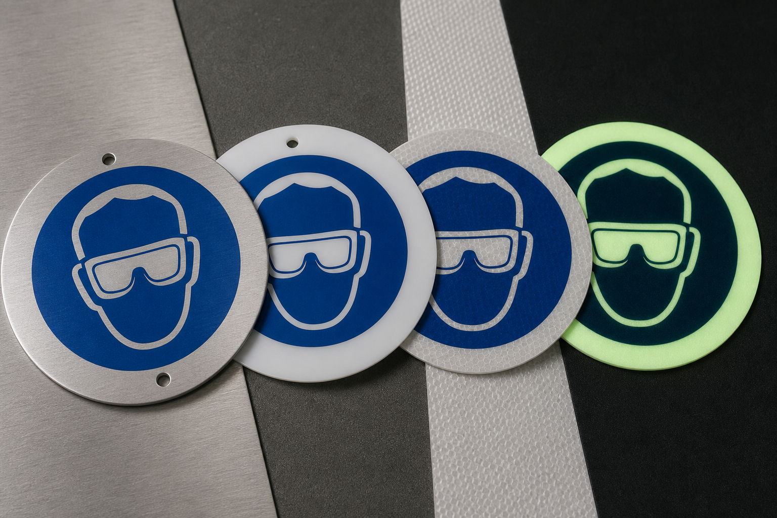 Sign materials compared: aluminum, engineered plastics, vinyl labels, and photoluminescent — eye protection required