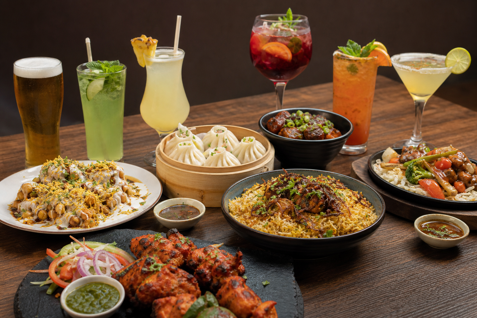 Pairings by menu category: chaat, momos, Indo-Chinese, sizzlers, biryani and tandoori — beer cocktails mocktails pairing