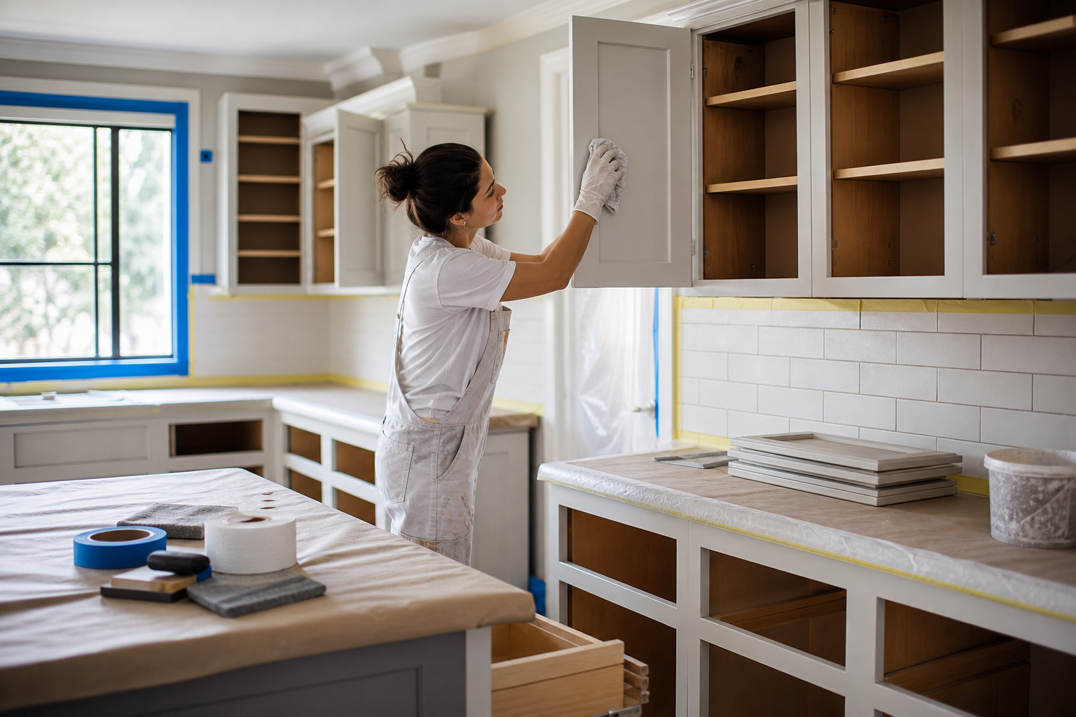 What does kitchen cupboard painting prep involve?