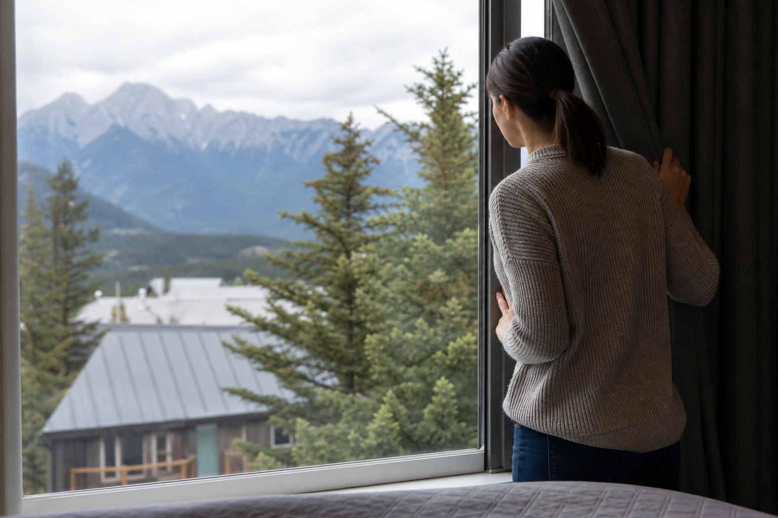 Check sightlines, obstructions, and seasonality — mountain-view rooms