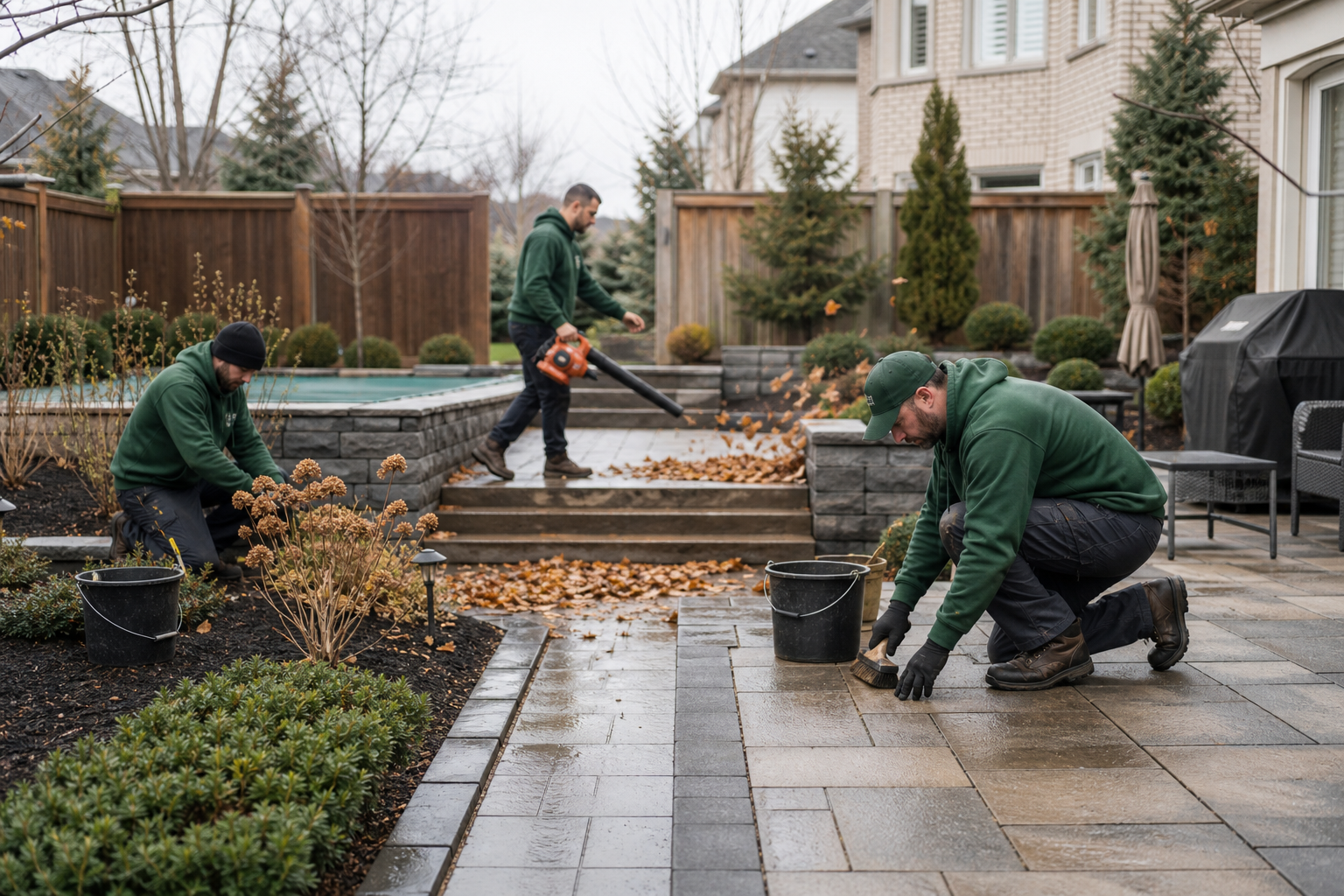 Seven maintenance actions with seasonal steps and decision cues — hardscape maintenance tips for homeowners