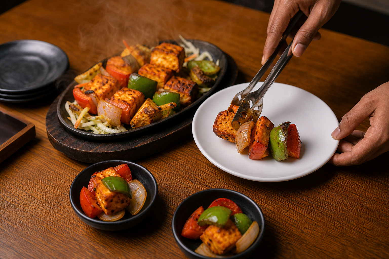 Spice level, dietary notes and customisation options — paneer shashlik sizzler profile