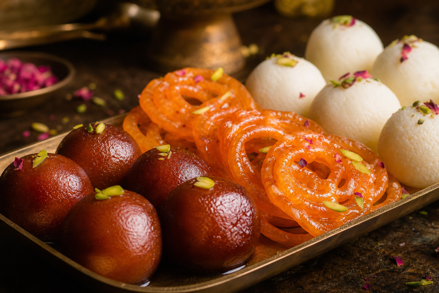 2. Syrup-soaked favourites platter: gulab jamun, jalebi and rasgulla — indian dessert platter ideas