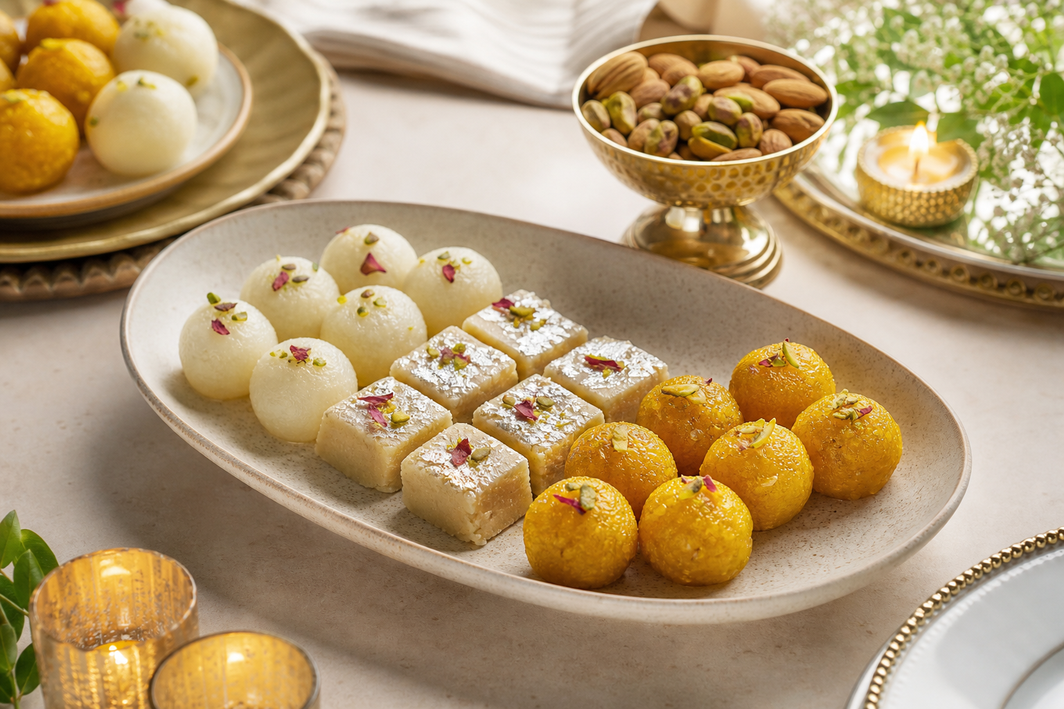 5. Bite-size mixed platter for grazing: mini rasgulla, bite barfi and laddoo trios — indian dessert platter ideas