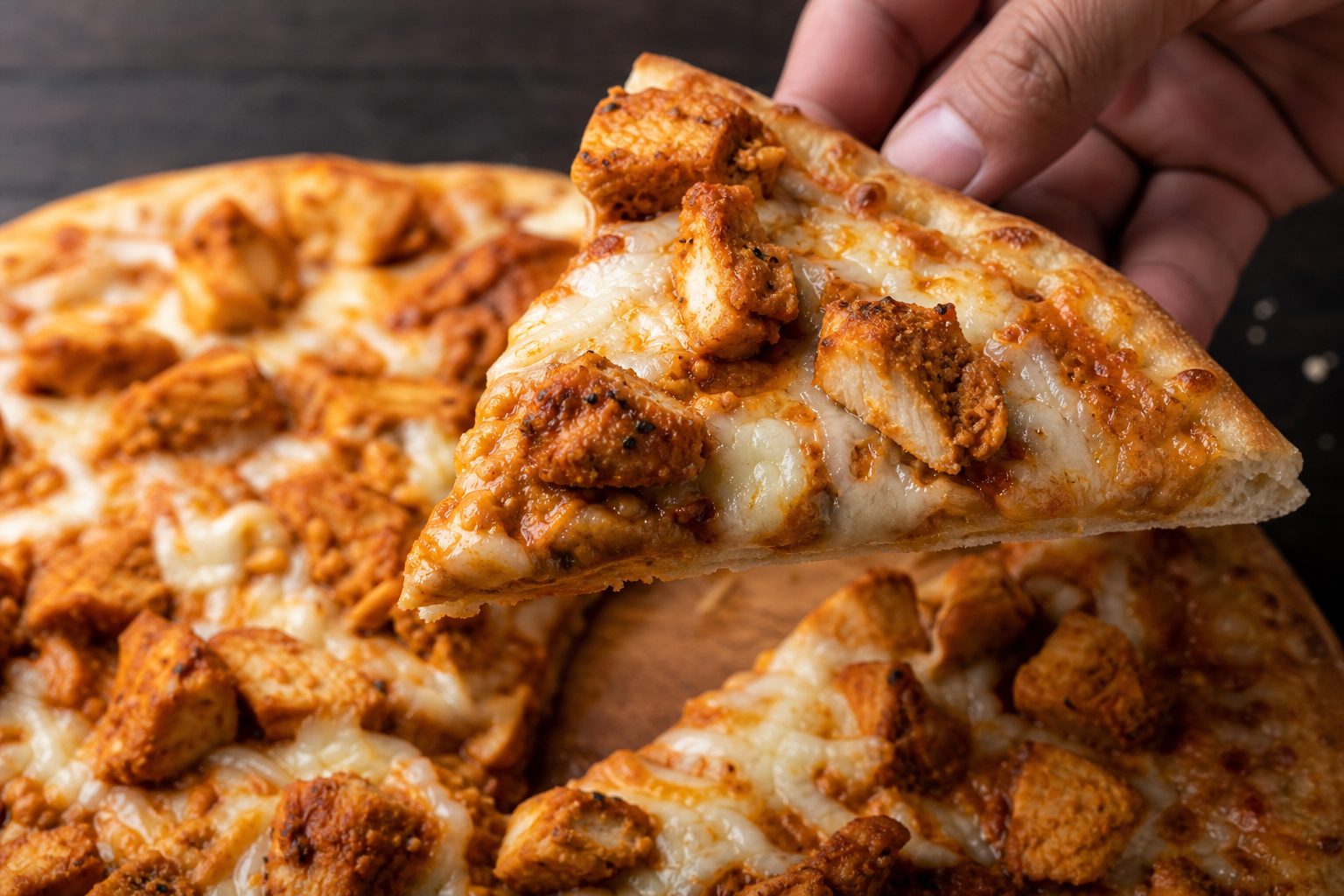 Inspect the chicken quality and topping distribution — butter chicken pizza near me