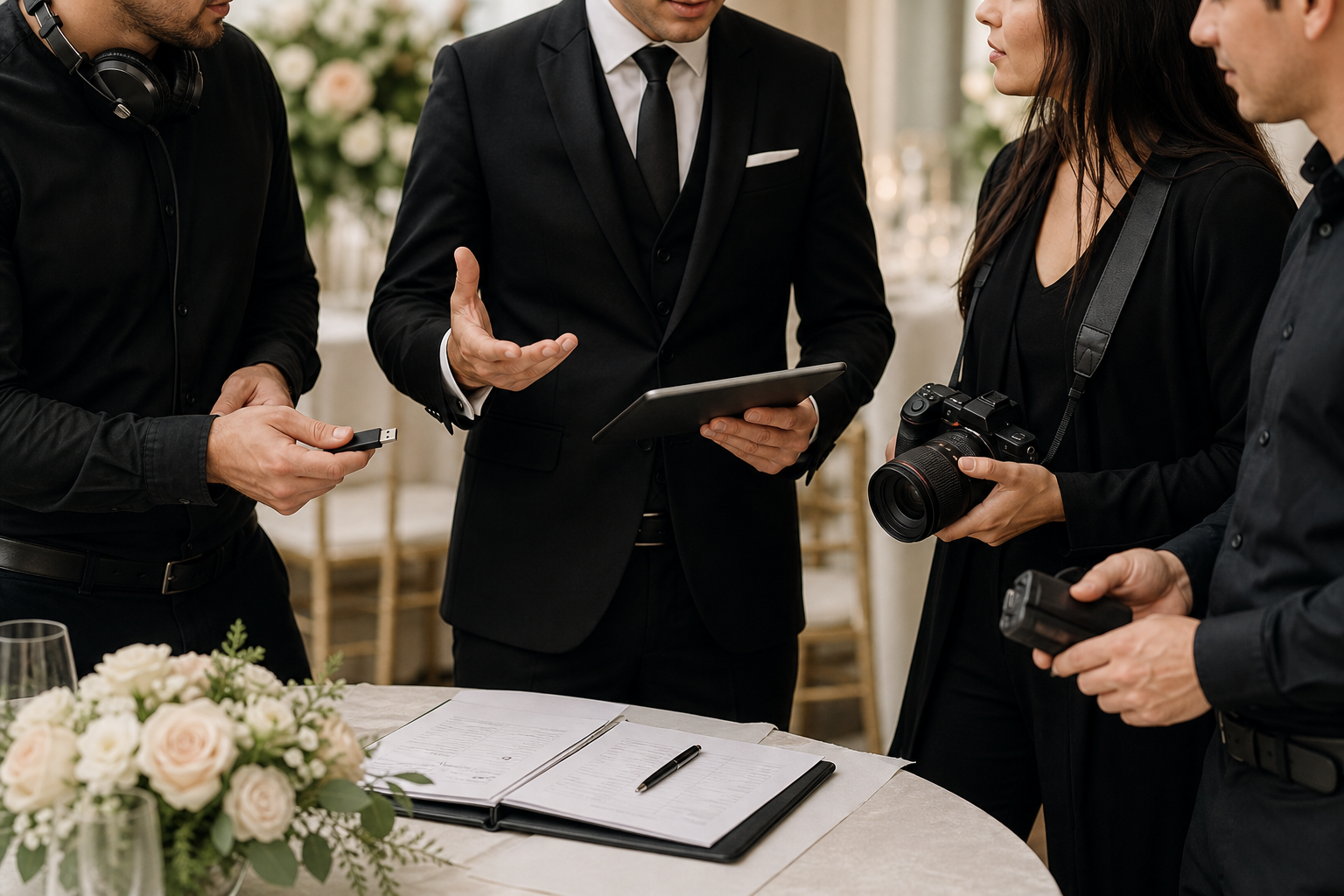 Vendor handoffs: what the MC needs from the DJ, photographer, videographer and venue — wedding mc timeline planning