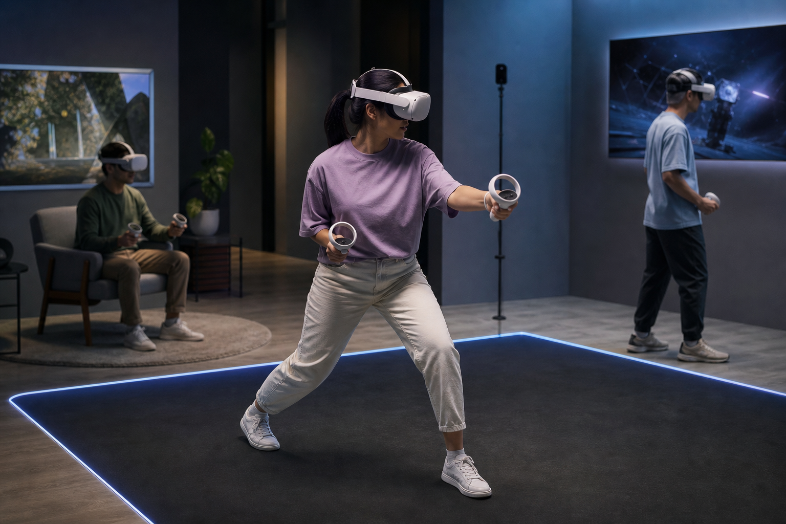 How does room-scale VR work compared to seated and standing VR?