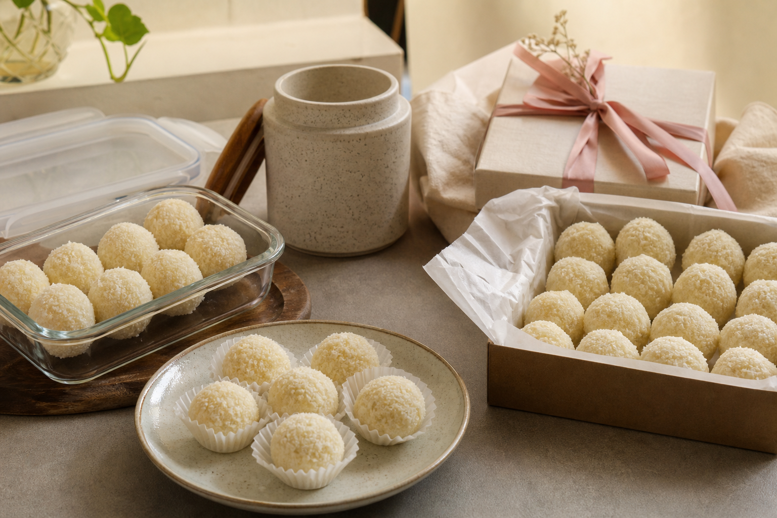 Storage, serving and gifting notes — Coconut Laddoo