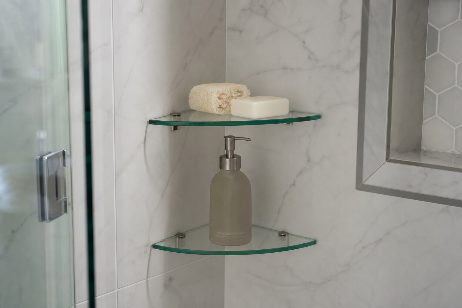 3) Frameless corner and neo-angle shelves for tight bathrooms — glass shelving ideas