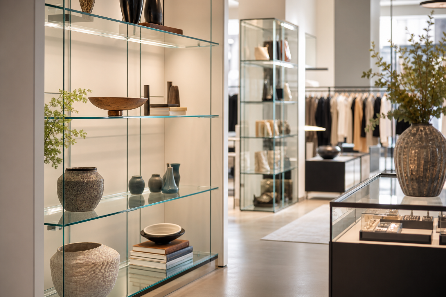 6) Glass display shelving for retail and home collections — glass shelving ideas