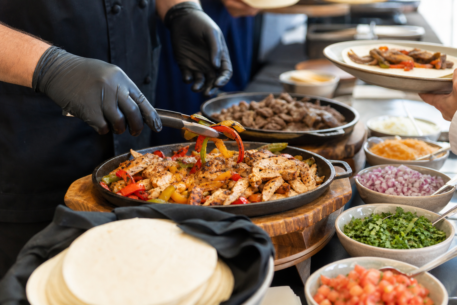3. Fajita station or hot-skillet platters for client events — Mexican corporate catering ideas