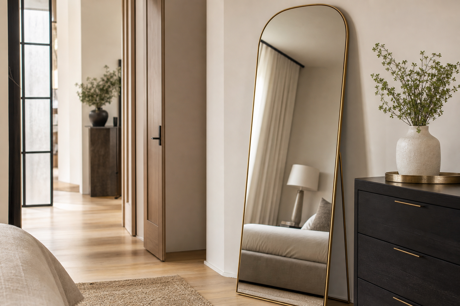 2. Use a leaning full-length mirror to enlarge bedrooms and entryways — mirror decor ideas