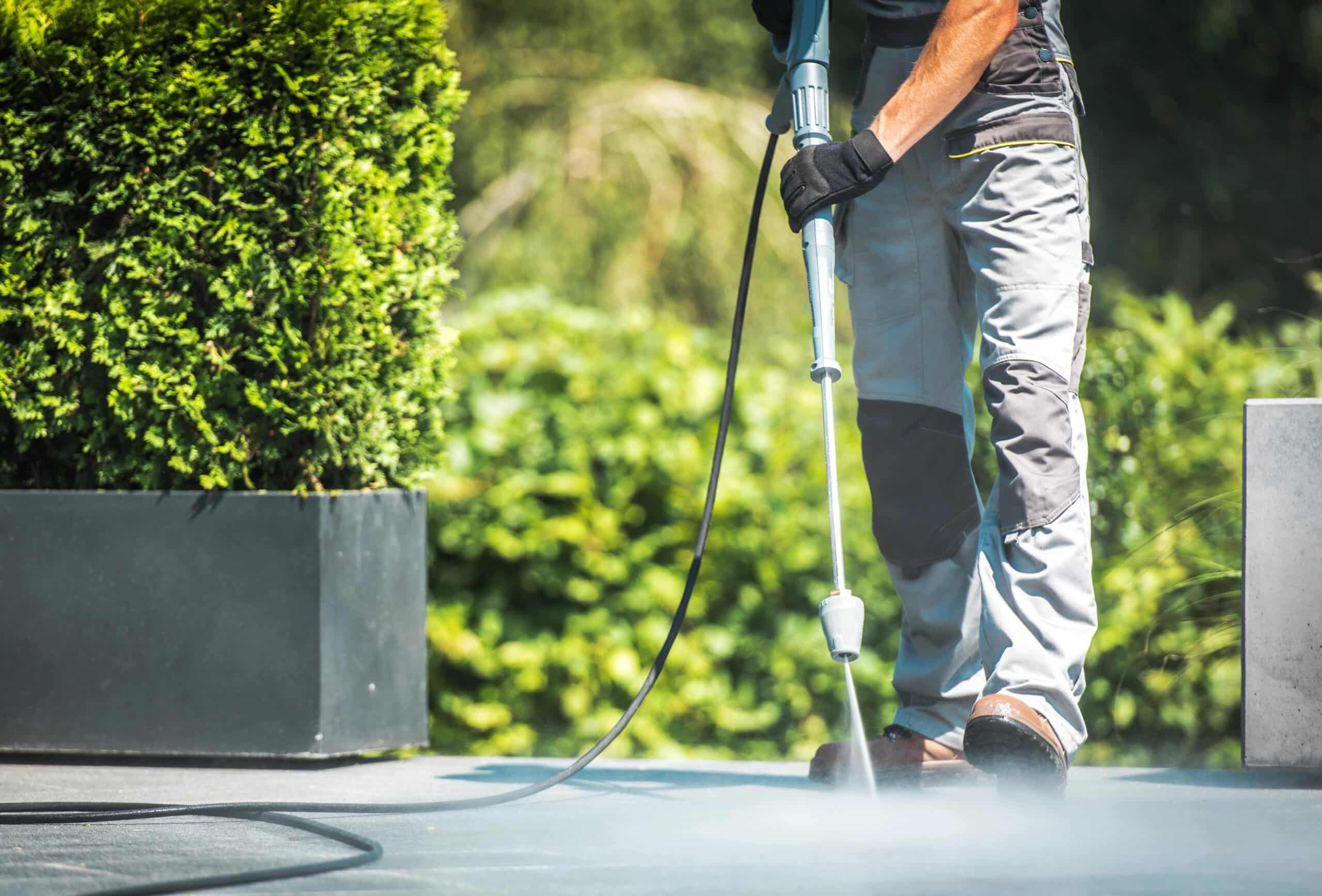 Environmentally responsible commercial pressure washing demonstrating proper water management and eco-friendly practices