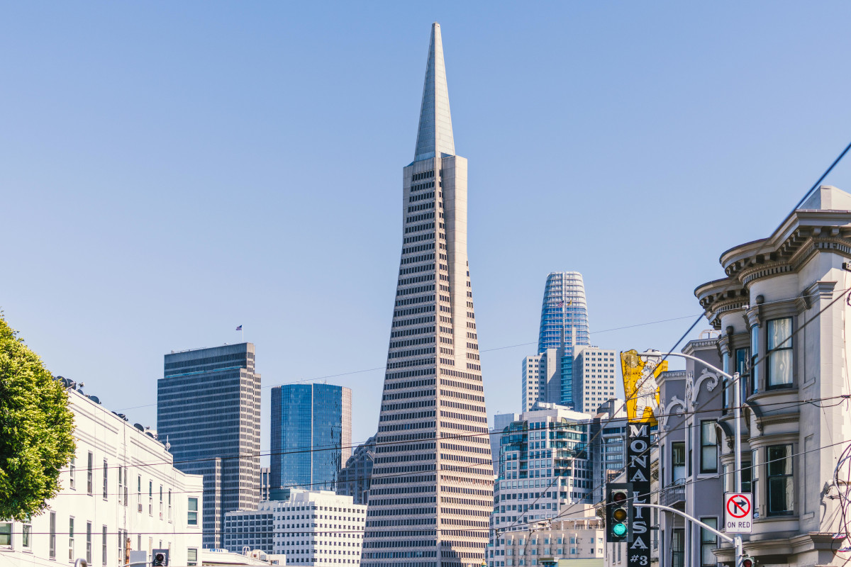Capture of the iconic Transamerica Pyramid in San Francisco's skyline during the day.