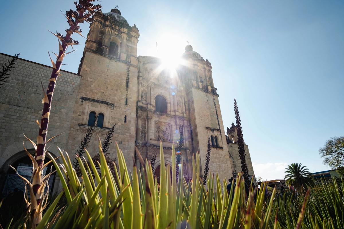 Sunlit view of Santo Domingo Church in Oaxaca, Mexico with foreground agave plants.
