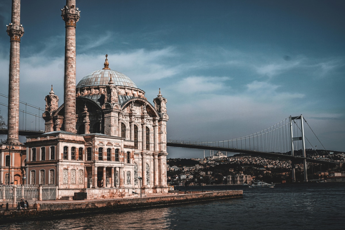 Scenic view of Ortaköy Mosque and Bosphorus Bridge in Istanbul, Turkey during sunset.