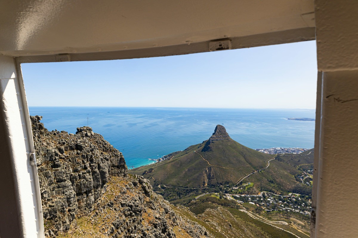 Mountain and ocean view from a Cape Town window