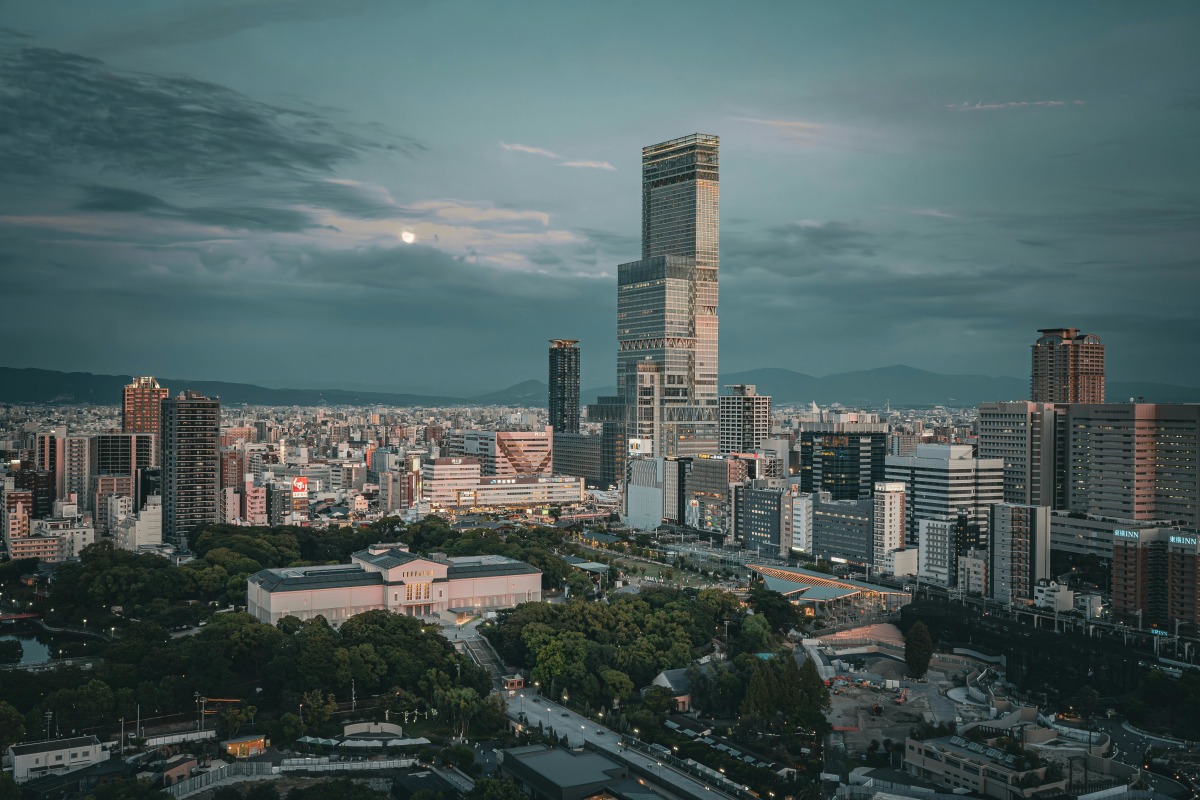 Osaka skyline at twilight with Abeno Harukas tower