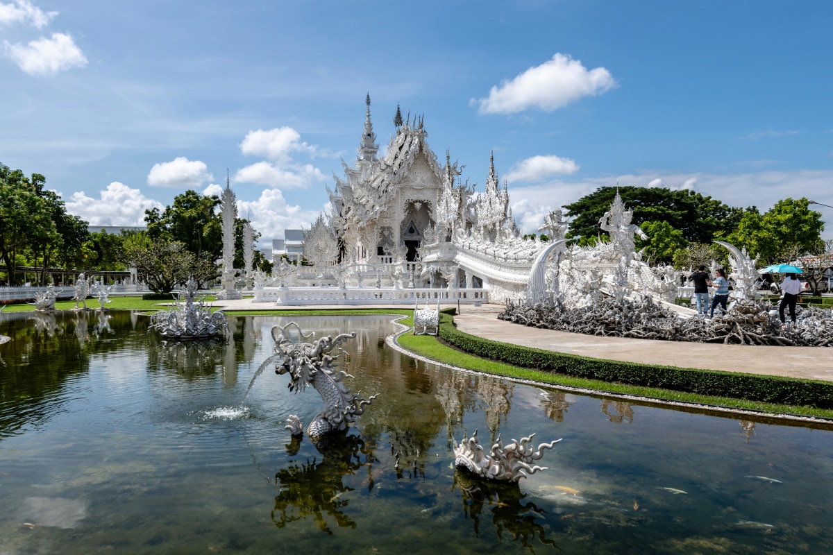 Beautiful architectural detail of Wat Rong Khun (White Temple) in Chiang Rai, Thailand.