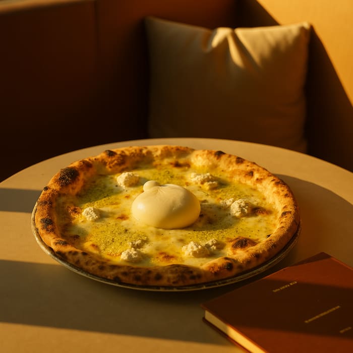 AI-generated professional food photography - pizza transformed with Pinterest moody lighting style FoodShot AI result - professional pizza photography with moody Pinterest style applied to amateur photo